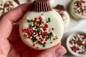 Oreo-inspired Christmas ornaments hanging on a festive tree