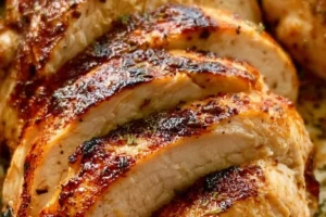 Juicy air fryer boneless chicken breasts served on a plate with herbs.