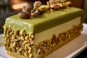 Slice of pistachio almond cheesecake topped with crushed nuts on a white plate