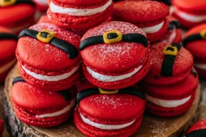 Santa's festive macarons in vibrant holiday colors and shapes