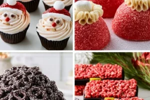 Colorful assortment of Santa's festive sweets and desserts for Christmas