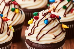 Shimmering Christmas light cupcakes decorated with colorful icing for festivities