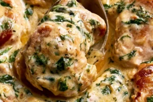 Delicious silky garlic butter chicken served with fresh spinach