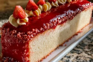 Delicious Strawberry Crunch Layered Cake with fresh strawberries and a crunchy topping.