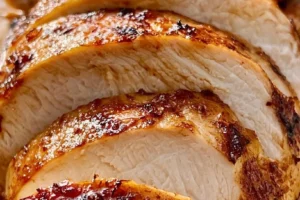 Juicy air fryer chicken breast served on a plate with herbs and spices