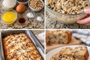 Sliced Almond Joy Banana Bread topped with chocolate and coconut flakes