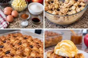 Delicious apple bread pudding dessert with fresh apples and spices
