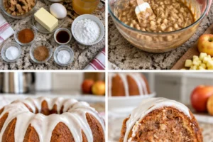 Slice of Apple Bundt Cake topped with cider glaze and fresh apple chunks
