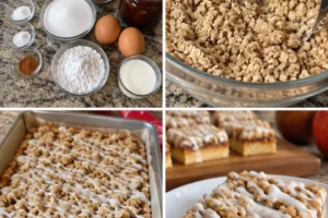 Slice of Apple Butter Coffee Cake with oat crumble topping and glaze