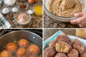 Plate of apple cider donut holes coated in cinnamon sugar