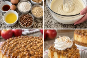 Slice of apple crisp cheesecake with crumble topping on a white plate