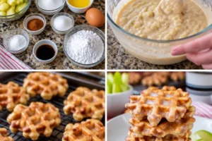 Freshly baked apple fritter donuts with a golden brown exterior and apple filling
