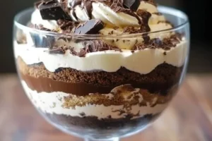 Bailey's Chocolate Cheesecake Parfait with layers of chocolate and cheesecake