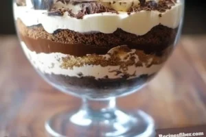Bailey's chocolate cheesecake trifle layered dessert with chocolate shavings