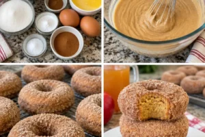 Delicious baked apple cider donuts topped with cinnamon sugar and served on a platter.