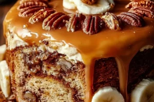 Delicious Banana Pecan Cake topped with Caramel Drizzle ready to serve
