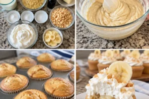 Banana pudding cupcakes topped with whipped cream and fresh banana slices