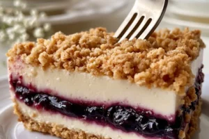 Delicious berry crumble cheesecake with a crunchy topping and fresh berries