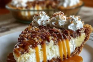 Delicious caramel pecan pie topped with nuts and caramel drizzle