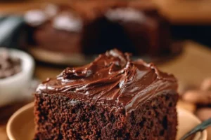 Delicious chocolate cake with buttermilk frosting on a decorative plate