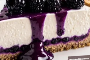 Slice of blissful blackberry cheesecake topped with fresh blackberries