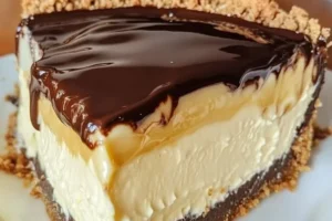 Delicious Boston Cream Pie Cheesecake topped with chocolate and vanilla layers