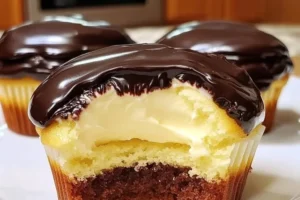 Delicious Boston Cream Pie Cupcakes topped with chocolate and cream filling.