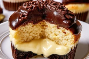 Delicious Boston Cream Pie Cupcakes topped with chocolate glaze and vanilla cream
