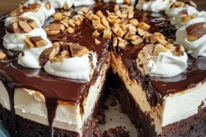 Delicious brownie cheesecake with hot fudge sundae swirl drizzled on top.