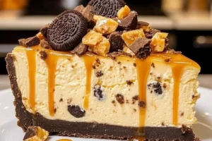 Delicious Butterfinger Cheesecake topped with chocolate and Butterfinger pieces