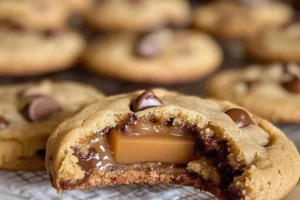 Caramel-filled chocolate chip cookies on a baking tray ready to be served