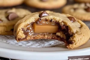 Caramel-filled chocolate chip cookies fresh out of the oven