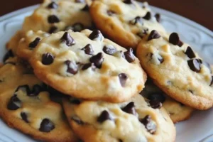 Cheesecake-filled chocolate chip cookies on a plate