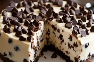 Cheesecake topped with chocolate chip cookie dough for a delightful dessert
