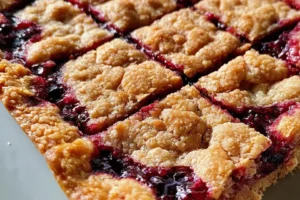 Delicious cherry pie bars topped with fresh cherries and a golden crust.