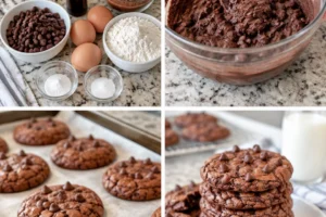 Chewy chocolate brownie cookies on a plate, fresh out of the oven.