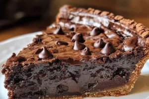 Chewy gooey brownie pie topped with chocolate drizzle and walnuts.
