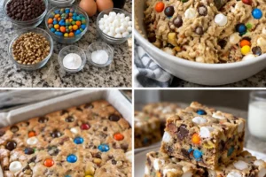Chewy loaded blonde brownies topped with chocolate chips and nuts