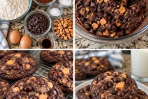 Freshly baked Chocolate Butterfinger Cookies with butterfinger chunks