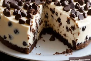Delicious chocolate chip cookie dough cheesecake with a creamy layer and chunks of cookie dough.