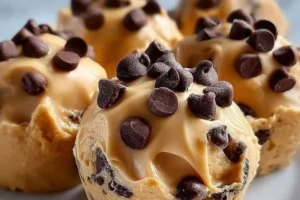 Chocolate chip Greek yogurt peanut butter bites in a bowl