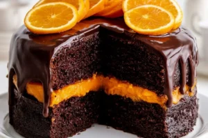 Delicious Chocolate Orange Glazed Cake with rich chocolate frosting