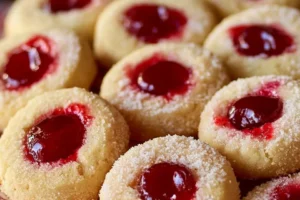 Festive Christmas Cherry Shortbread Cookies on a holiday platter