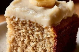 Delicious cream cheese frosted banana bread cake on a plate