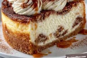 Creamy cinnamon roll cheesecake topped with swirls of cinnamon and icing.