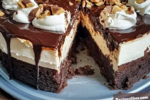Delicious creamy fudge sundae brownie cheesecake topped with chocolate sauce and nuts