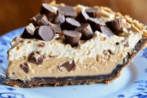 Decadent No-Bake Reese's Peanut Butter Cup Pie topped with chocolate and peanut butter