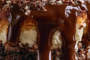 Delicious homemade Earthquake Cake with chocolate, nuts, and cream cheese frosting.