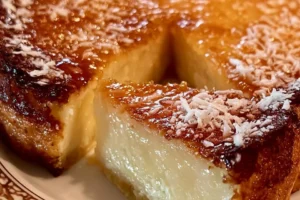 Delicious crustless coconut pie slice on a plate with a fork
