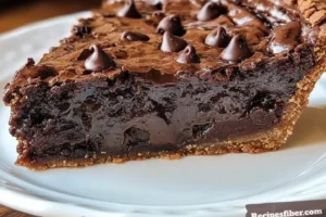 Delicious gooey brownie pie served on a plate with a fork.